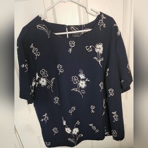 Laura Scott Womens Navy Blue Floral Blouse 24W